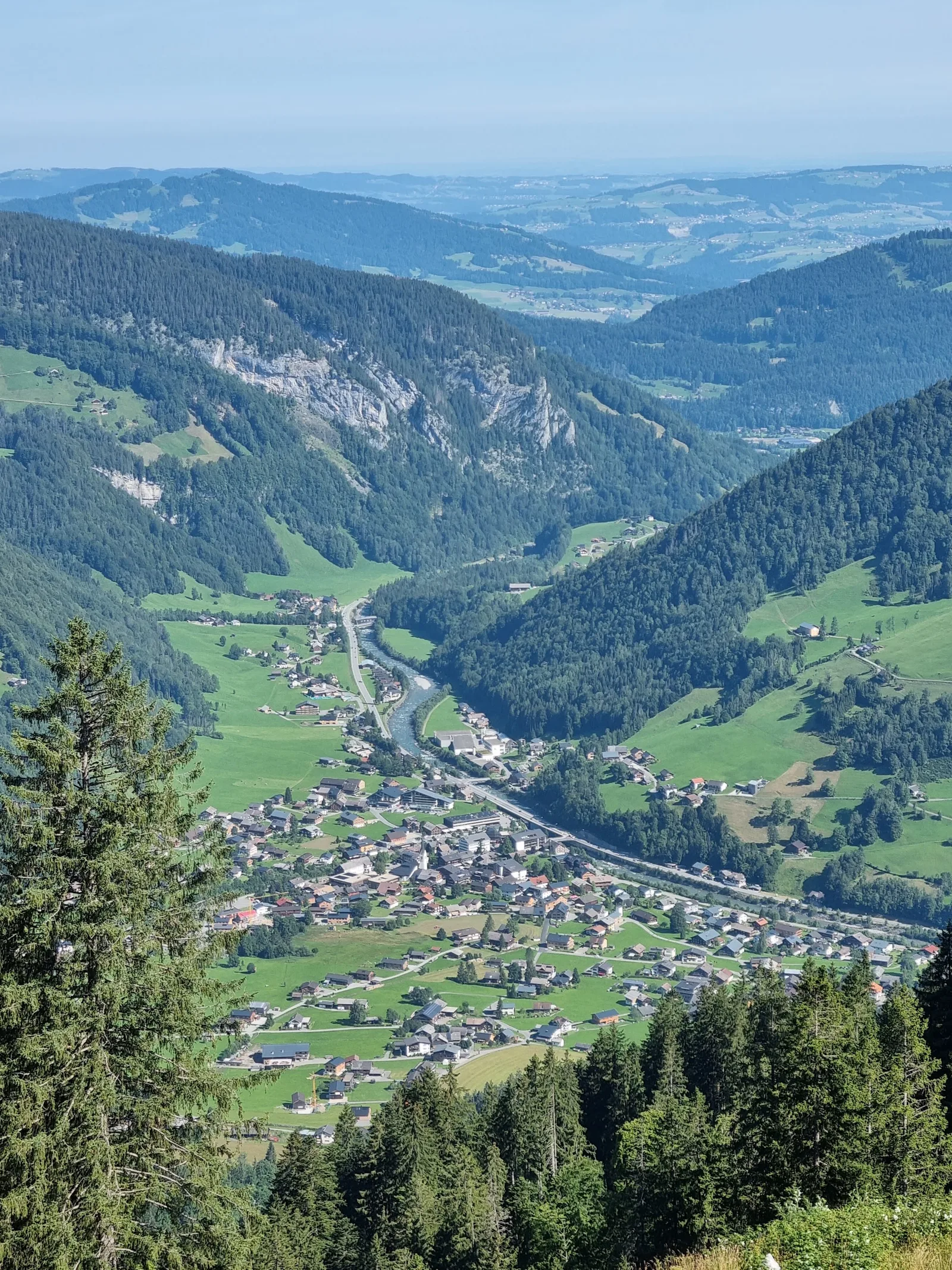 Blick von der Rossstelle hinunter ins Tal auf Mellau im Sommer